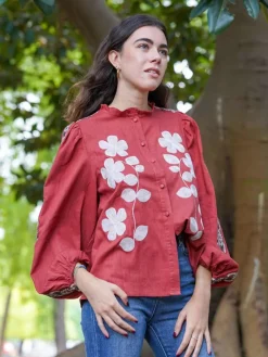 Blusas Y Camisas De Mujer-Mariquita Trasquilá CAMISA FLORES BORDADAS Teja