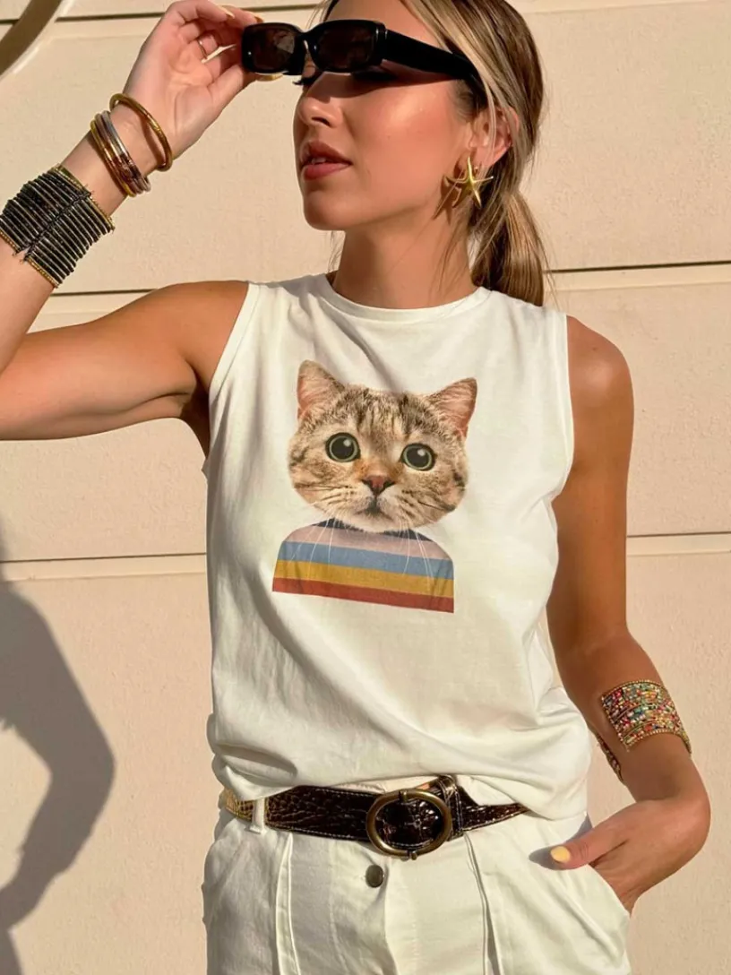 Camisetas De Mujer-Mariquita Trasquilá CAMISETA SIN MANGAS PRINT GATO Blanco
