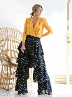 Vestidos De Invitada Comunión|Vestidos De Invitada Bautizo-Mariquita Trasquilá PANTALON VENECIA TOPOS AzulMarino