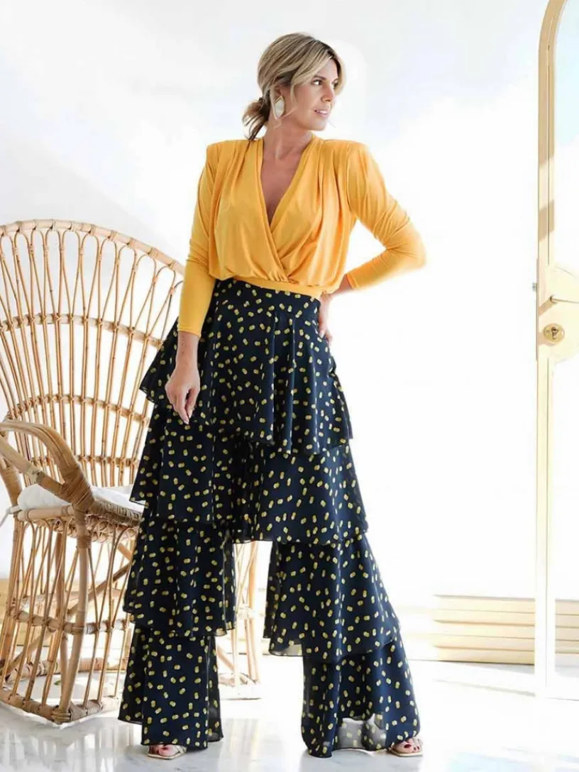 Vestidos De Invitada Comunión|Vestidos De Invitada Bautizo-Mariquita Trasquilá PANTALON VENECIA TOPOS AzulMarino