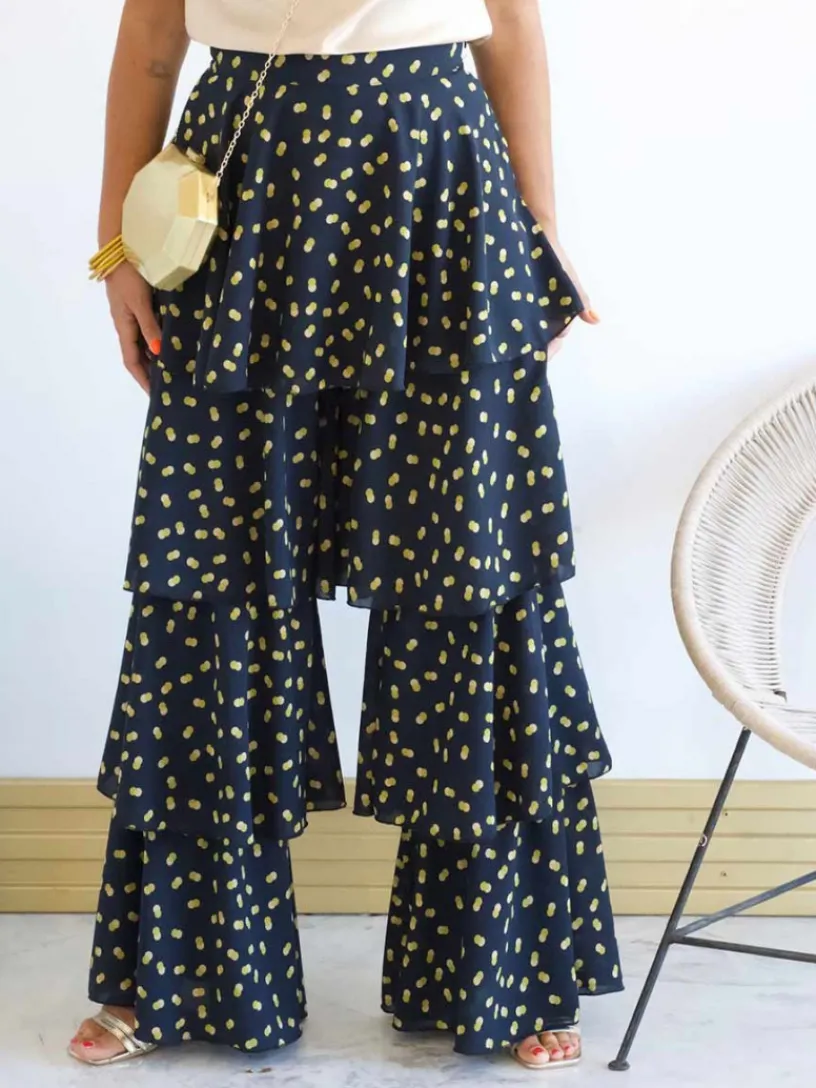 Vestidos De Invitada Comunión|Vestidos De Invitada Bautizo-Mariquita Trasquilá PANTALON VENECIA TOPOS AzulMarino
