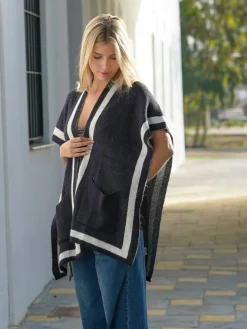Jerséis Y Sudaderas De Mujer|Abrigos Y Chaquetas-Mariquita Trasquilá PONCHO RAYA CONTRASTE