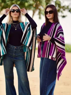 Jerséis Y Sudaderas De Mujer|Abrigos Y Chaquetas-Mariquita Trasquilá PONCHO RAYAS SOFIA