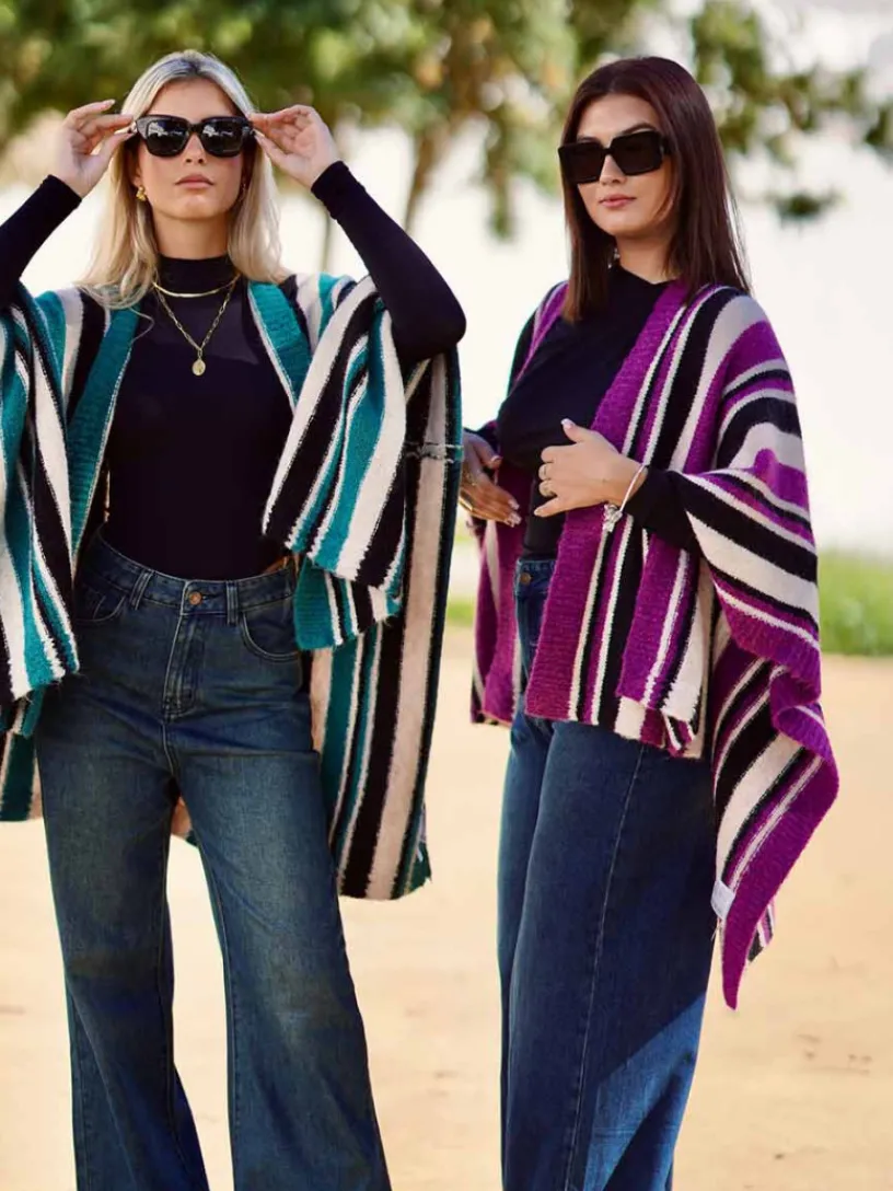 Jerséis Y Sudaderas De Mujer|Abrigos Y Chaquetas-Mariquita Trasquilá PONCHO RAYAS SOFIA