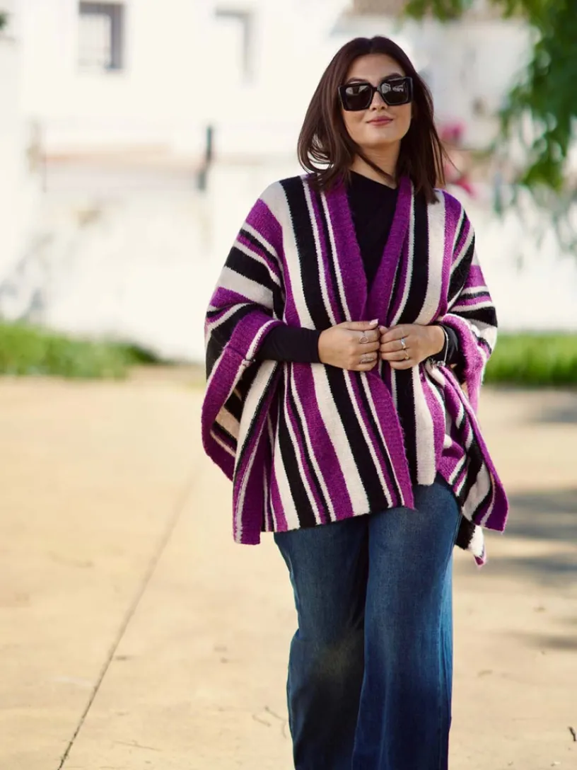 Jerséis Y Sudaderas De Mujer|Abrigos Y Chaquetas-Mariquita Trasquilá PONCHO RAYAS SOFIA