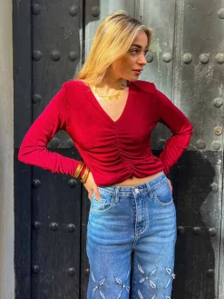 Camisetas De Mujer|Blusas Y Camisas De Mujer-Mariquita Trasquilá TOP FRUNCIDO ESCOTE V