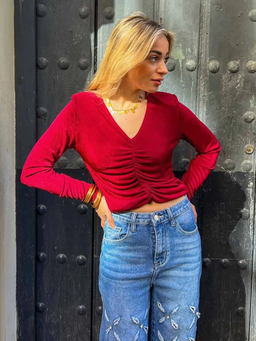 Camisetas De Mujer|Blusas Y Camisas De Mujer-Mariquita Trasquilá TOP FRUNCIDO ESCOTE V