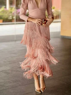 Vestidos Para Madres De Comunión|Vestido De Puesta De Largo-Mariquita Trasquilá VESTIDO FLECOS PALMITO RosaNude