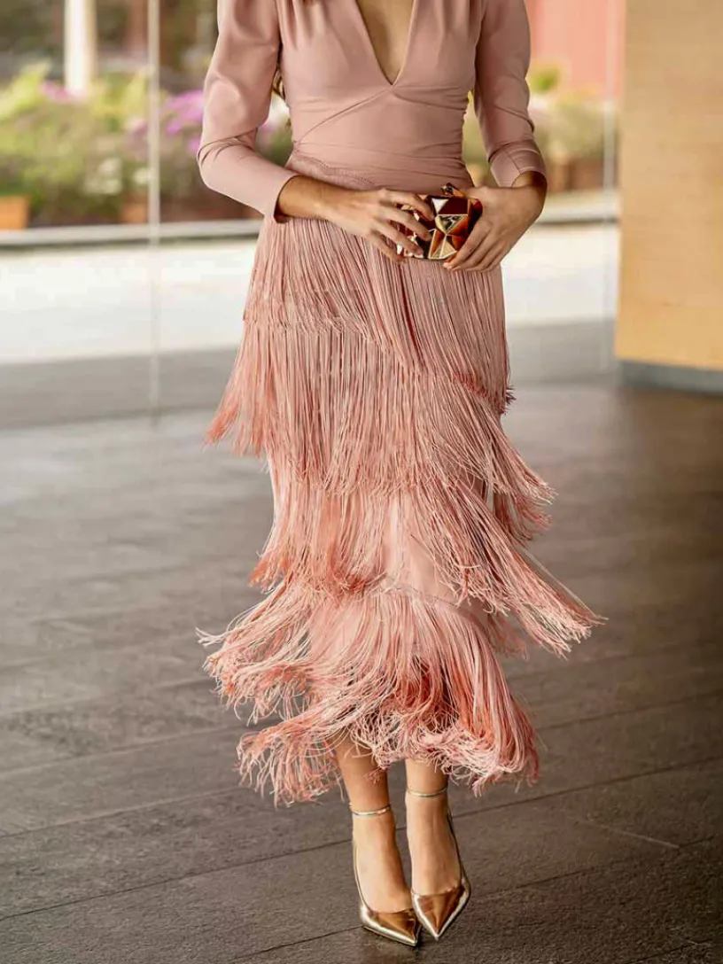 Vestidos Para Madres De Comunión|Vestido De Puesta De Largo-Mariquita Trasquilá VESTIDO FLECOS PALMITO RosaNude
